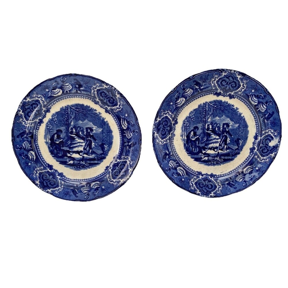 George Jones Antique Transferware Dinner Plates Set 2 Flow Blue & White Dancers